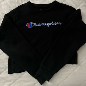 Cropped Black Embroidered Champion Crewneck
